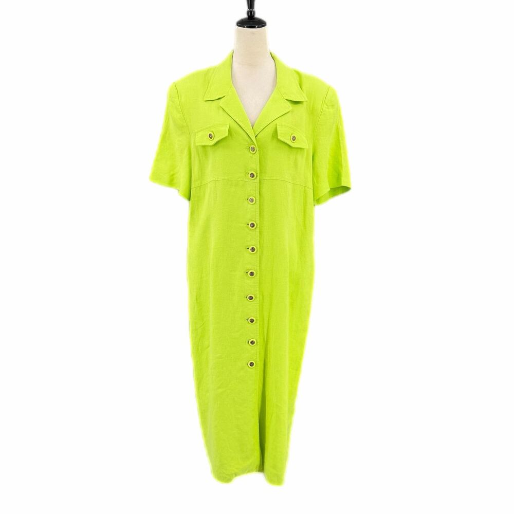 Vintage Club France Lime Green 100% Linen Bright Summer Button Up Shirt Dress